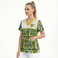 Cook Islands Island Floral Scrub Top Green Traditional Kuki's Geometric Pattern LT9 - Polynesian Pride