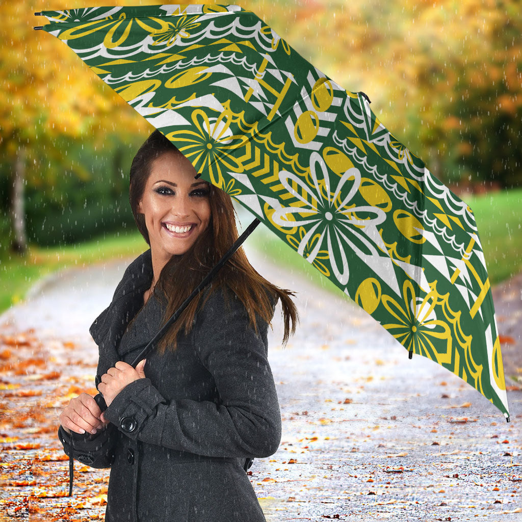 Cook Islands Island Floral Umbrella Green Traditional Kuki's Geometric Pattern LT9 - Polynesian Pride