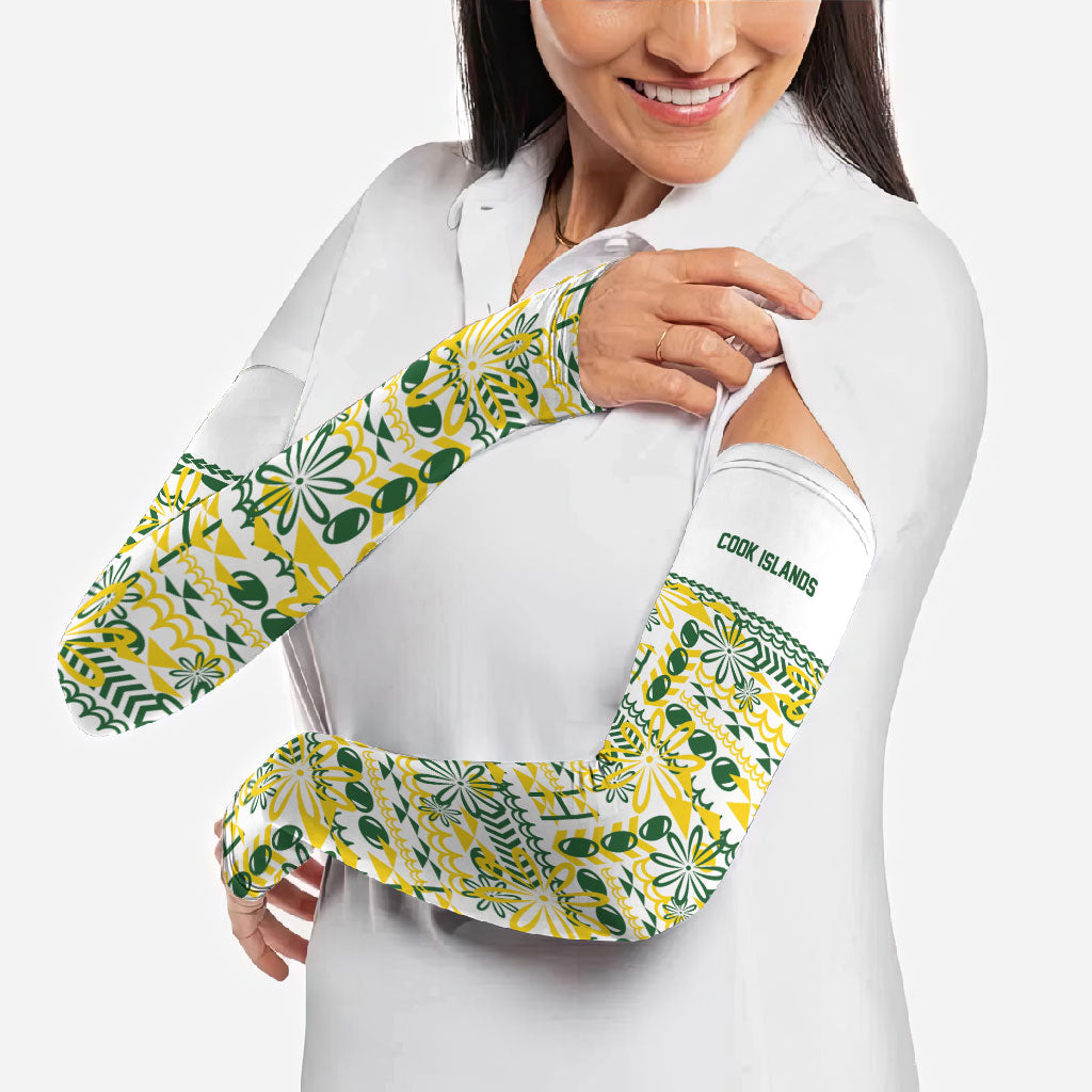 Cook Islands Island Floral Arm Sleeves White Traditional Kuki's Geometric Pattern LT9 - Polynesian Pride