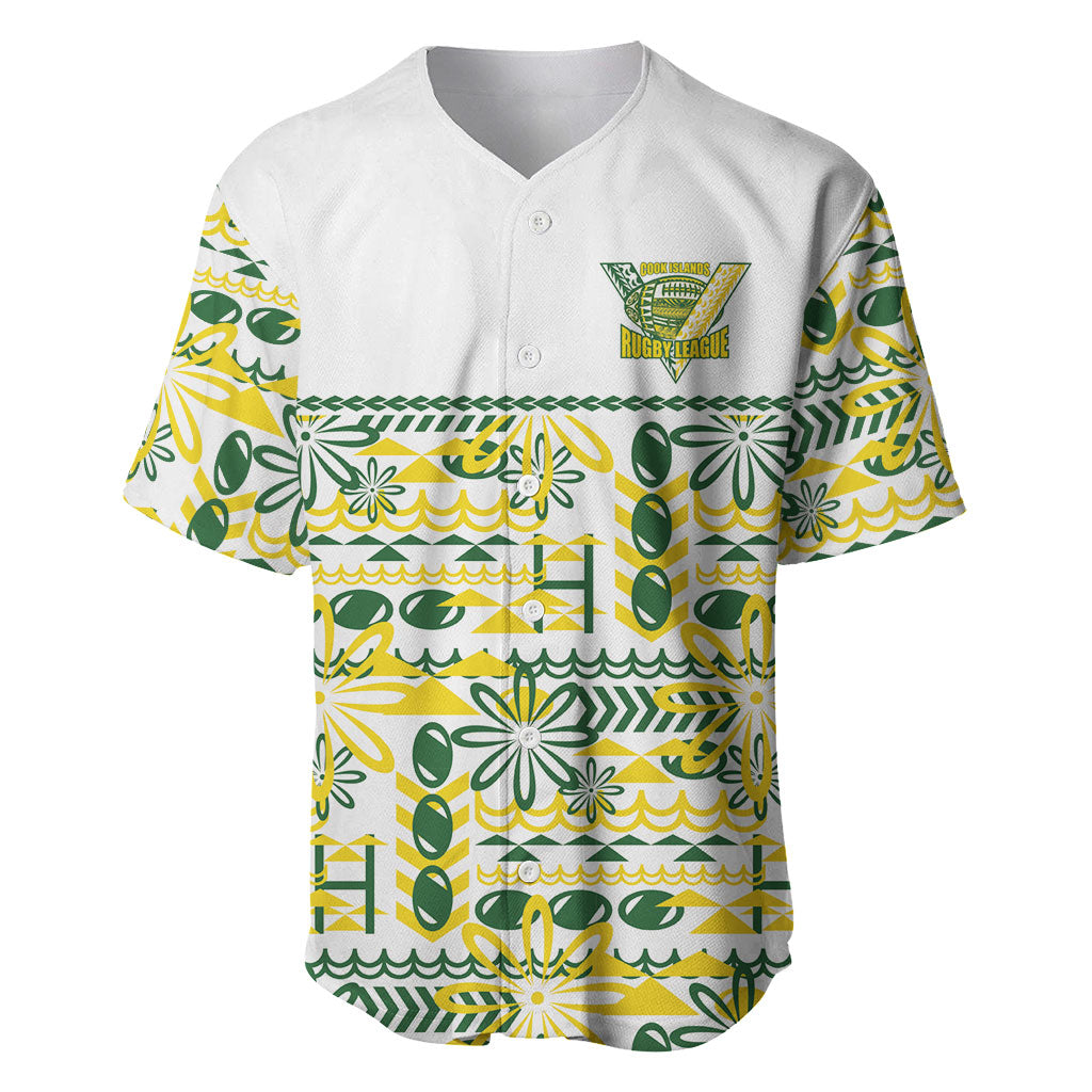 Cook Islands Island Floral Baseball Jersey White Traditional Kuki's Geometric Pattern