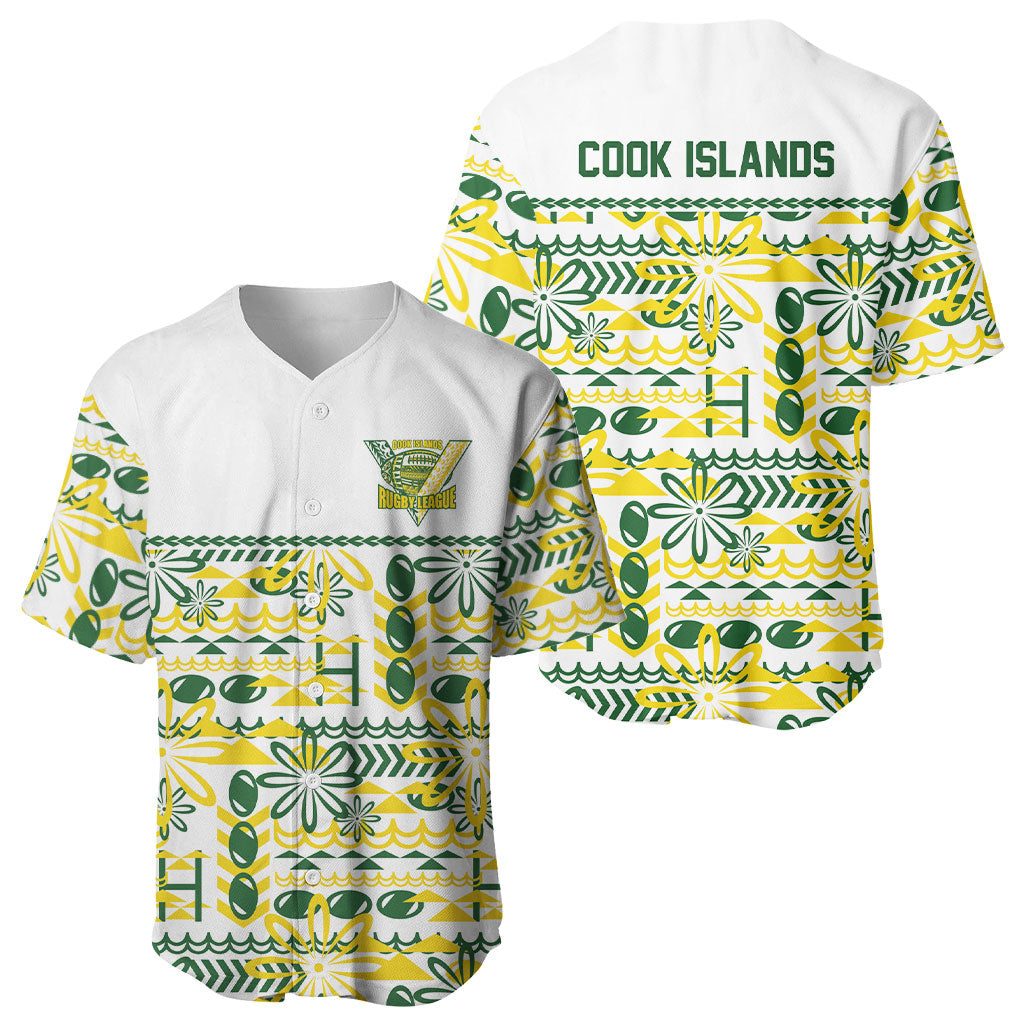 Cook Islands Island Floral Baseball Jersey White Traditional Kuki's Geometric Pattern LT9 - Polynesian Pride