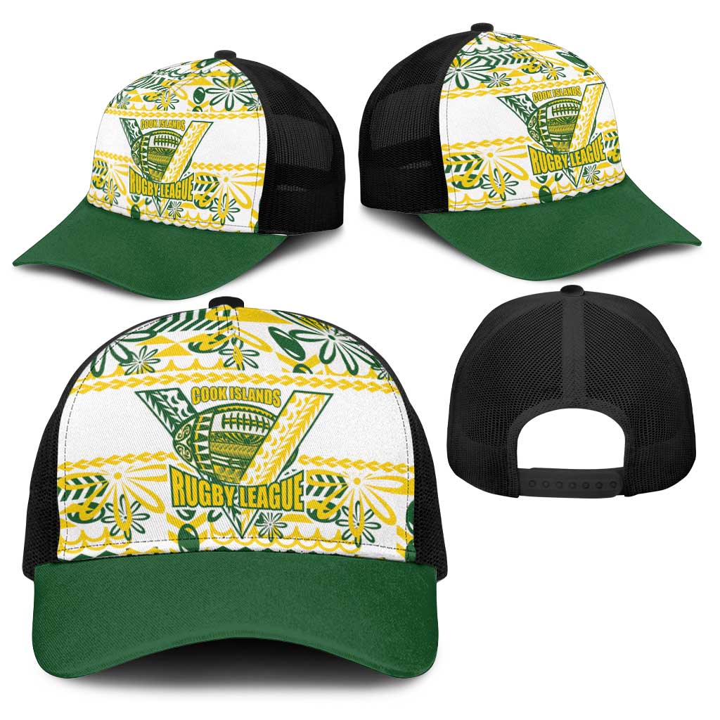 Cook Islands Island Floral Baseball Net Cap White Traditional Kuki's Geometric Pattern LT9 - Polynesian Pride