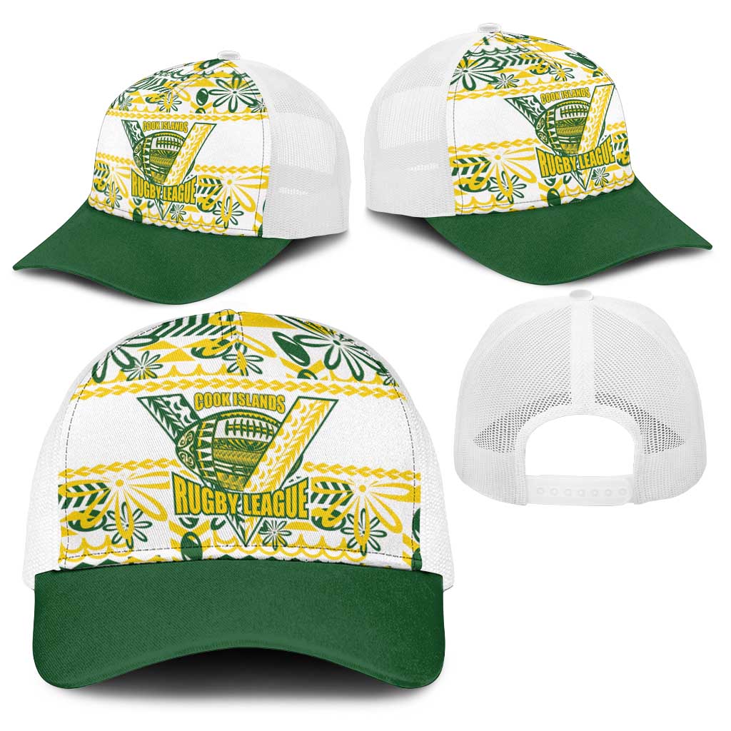 Cook Islands Island Floral Baseball Net Cap White Traditional Kuki's Geometric Pattern LT9 - Polynesian Pride