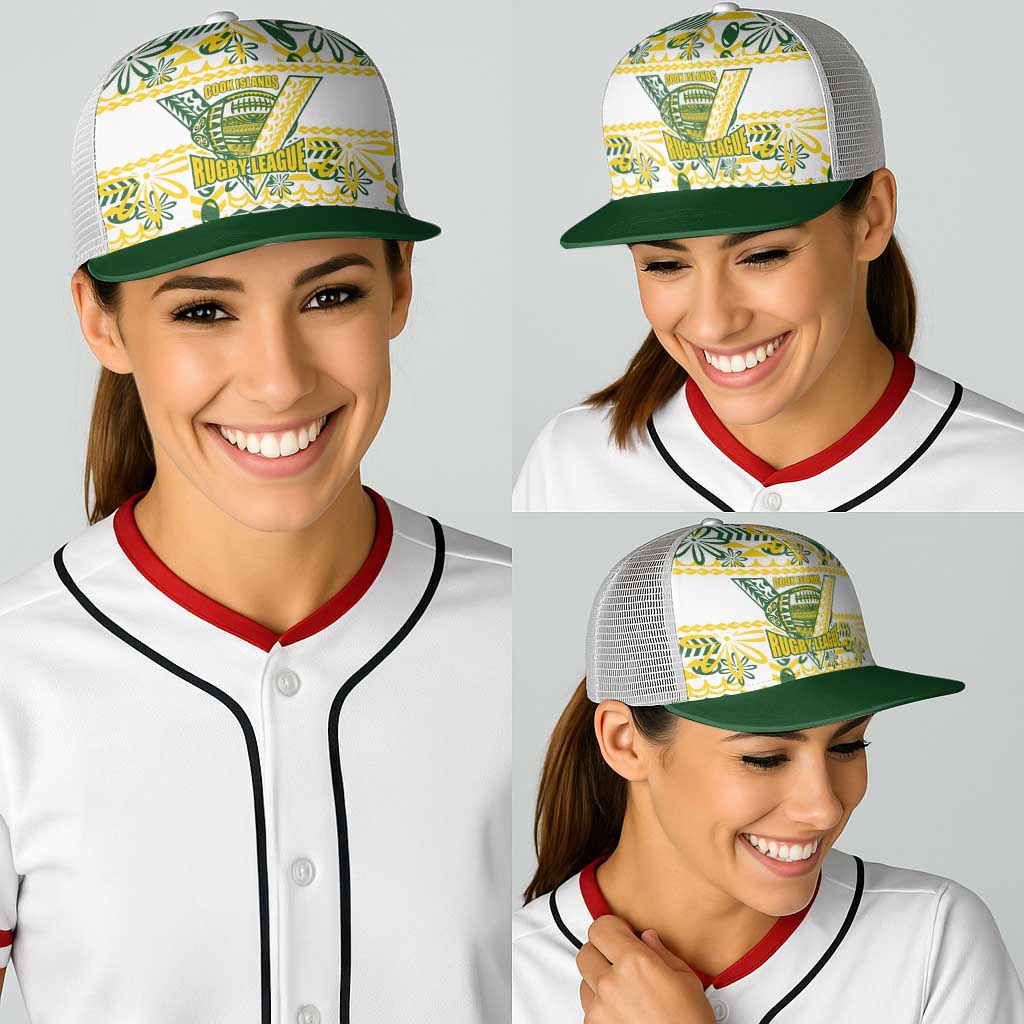 Cook Islands Island Floral Baseball Net Cap White Traditional Kuki's Geometric Pattern LT9 - Polynesian Pride
