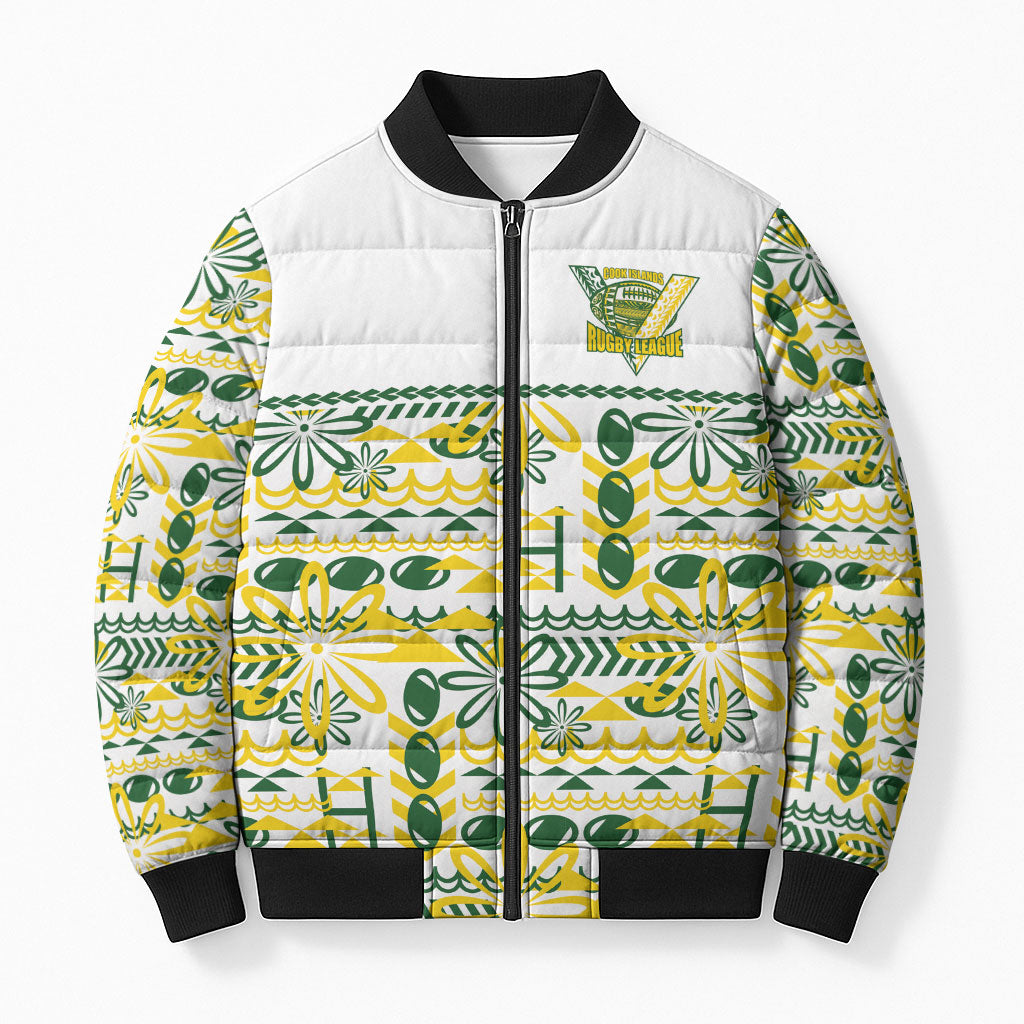 Cook Islands Island Floral Bomber Puffer Jacket White Traditional Kuki's Geometric Pattern LT9 Unisex White - Polynesian Pride
