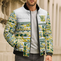 Cook Islands Island Floral Bomber Puffer Jacket White Traditional Kuki's Geometric Pattern LT9 - Polynesian Pride