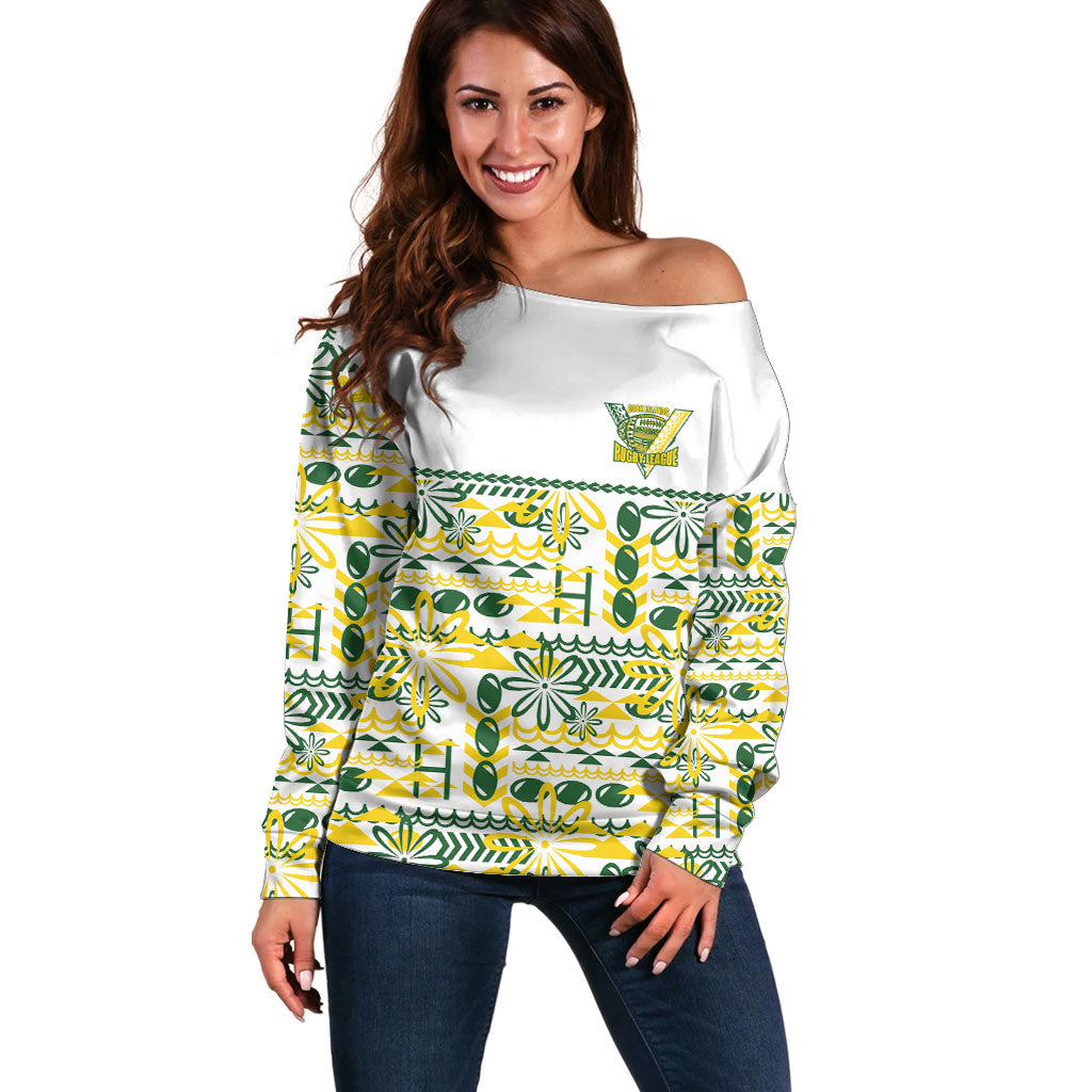 Cook Islands Island Floral Off Shoulder Sweater White Traditional Kuki's Geometric Pattern