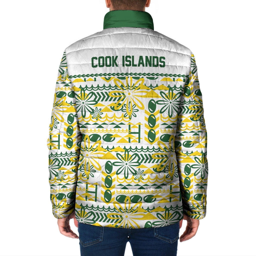 Cook Islands Island Floral Padded Jacket White Traditional Kuki's Geometric Pattern LT9 - Polynesian Pride