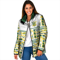 Cook Islands Island Floral Padded Jacket White Traditional Kuki's Geometric Pattern LT9 Women White - Polynesian Pride