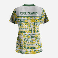 Cook Islands Island Floral Scrub Top White Traditional Kuki's Geometric Pattern LT9 - Polynesian Pride
