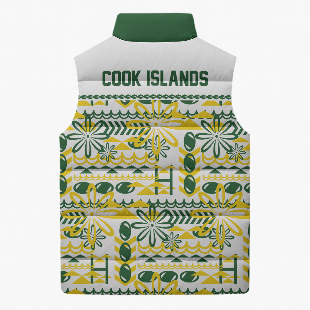 Cook Islands Island Floral Sleeveless Puffer Jacket White Traditional Kuki's Geometric Pattern LT9 - Polynesian Pride