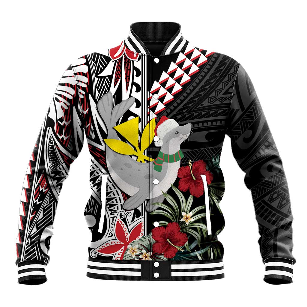 Hawaii Monk Seal Santa Baseball Jacket Hibiscus Kakau Pattern Mele Kalikimaka LT9 Unisex Black - Polynesian Pride