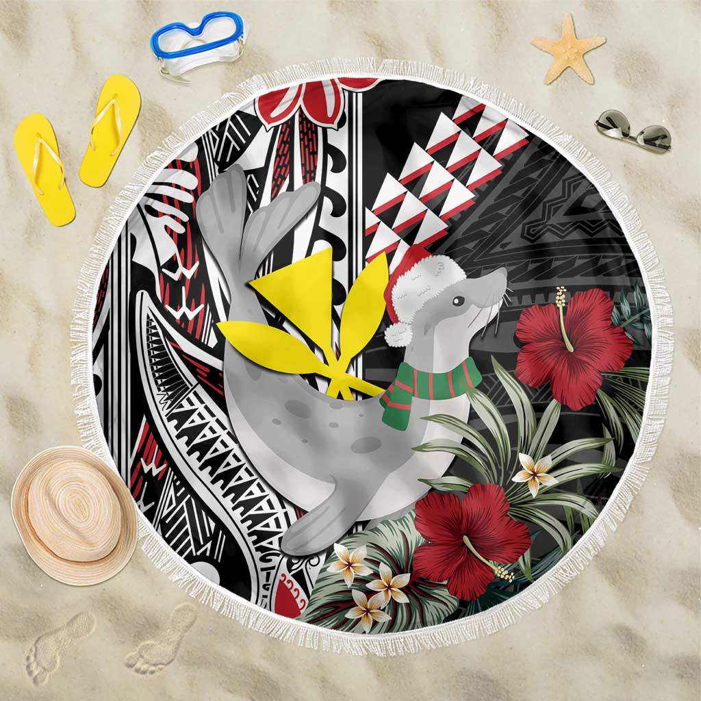 Hawaii Monk Seal Santa Beach Blanket Hibiscus Kakau Pattern Mele Kalikimaka LT9 One Size 150cm Black - Polynesian Pride