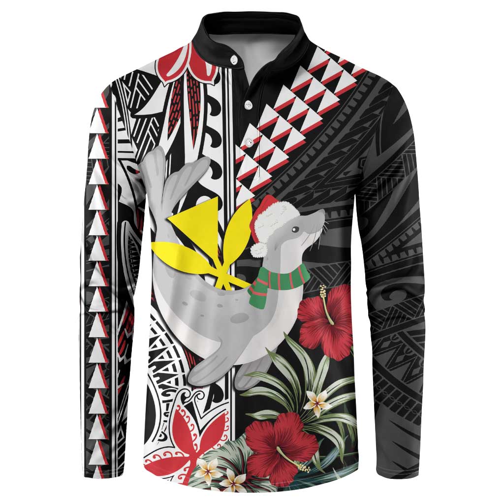 Hawaii Monk Seal Santa Button Sweatshirt Hibiscus Kakau Pattern Mele Kalikimaka LT9 Black - Polynesian Pride