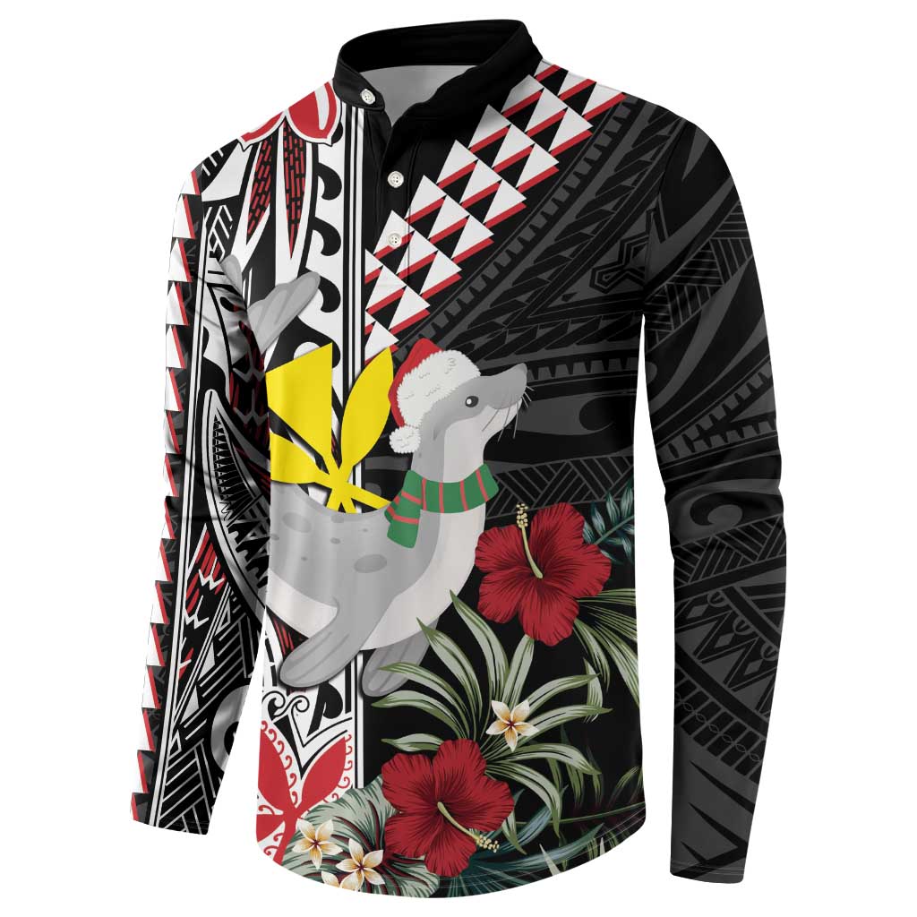 Hawaii Monk Seal Santa Button Sweatshirt Hibiscus Kakau Pattern Mele Kalikimaka LT9 - Polynesian Pride