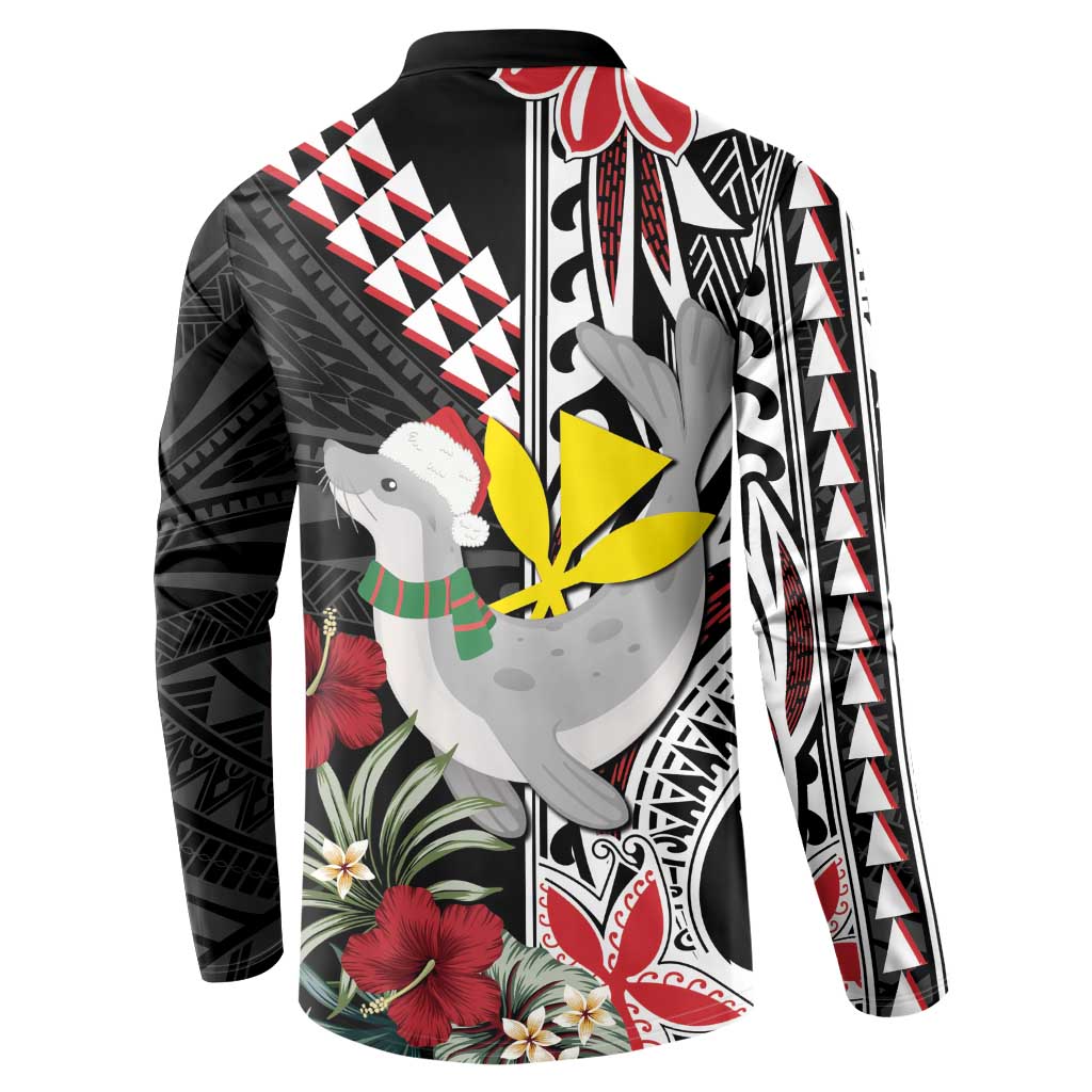 Hawaii Monk Seal Santa Button Sweatshirt Hibiscus Kakau Pattern Mele Kalikimaka LT9 - Polynesian Pride
