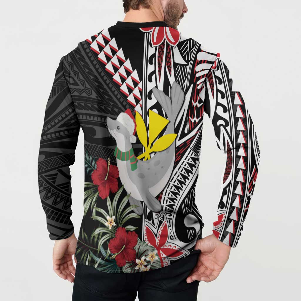 Hawaii Monk Seal Santa Button Sweatshirt Hibiscus Kakau Pattern Mele Kalikimaka LT9 - Polynesian Pride