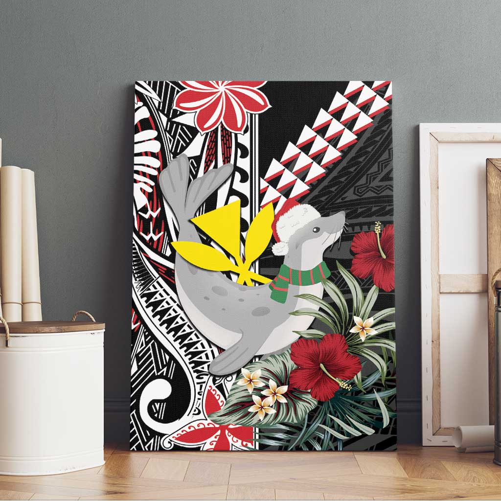 Hawaii Monk Seal Santa Canvas Wall Art Hibiscus Kakau Pattern Mele Kalikimaka LT9 - Polynesian Pride