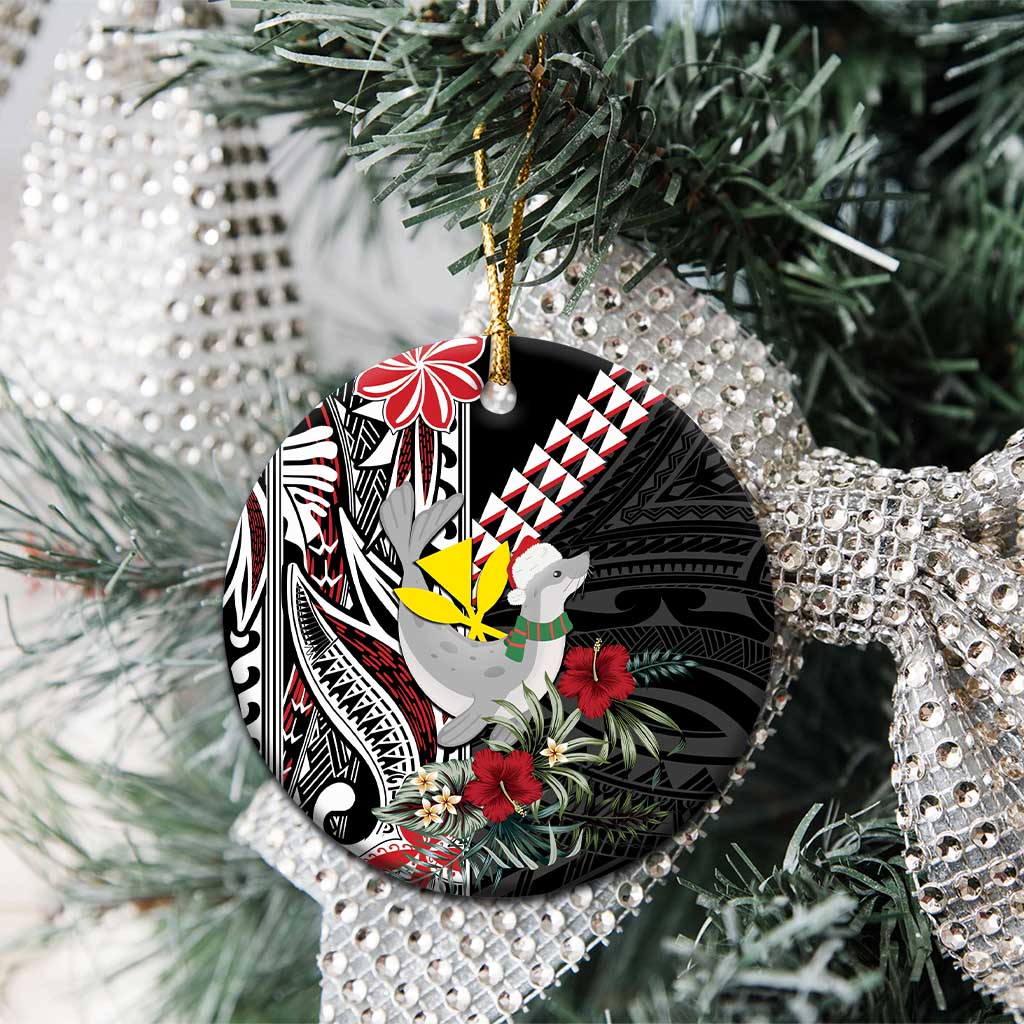 Hawaii Monk Seal Santa Ceramic Ornament Hibiscus Kakau Pattern Mele Kalikimaka