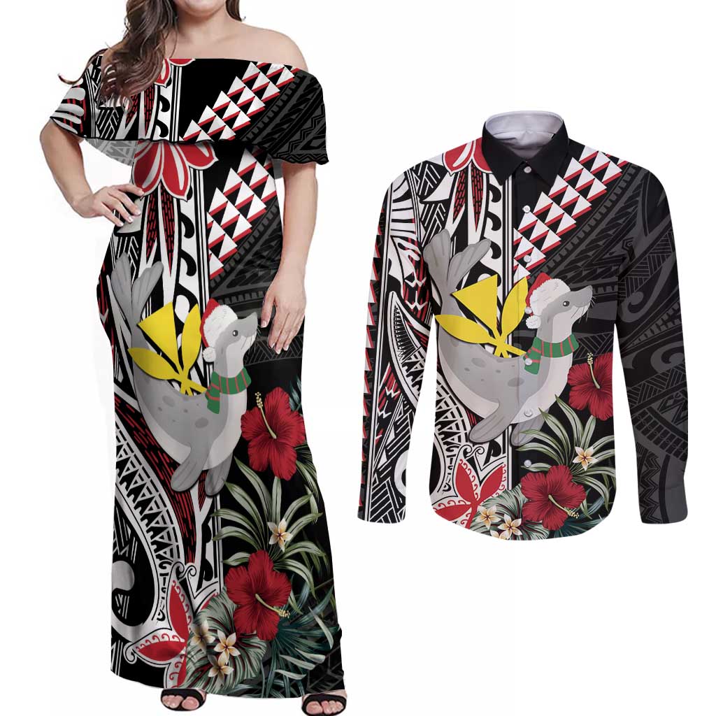 Hawaii Monk Seal Santa Couples Matching Off Shoulder Maxi Dress and Long Sleeve Button Shirt Hibiscus Kakau Pattern Mele Kalikimaka LT9 Black - Polynesian Pride