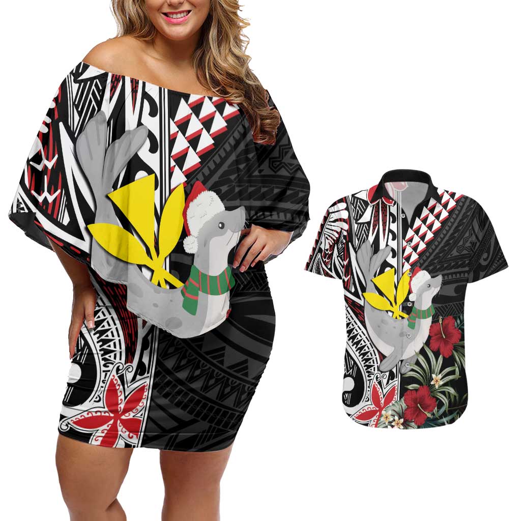 Hawaii Monk Seal Santa Couples Matching Off Shoulder Short Dress and Hawaiian Shirt Hibiscus Kakau Pattern Mele Kalikimaka LT9 Black - Polynesian Pride