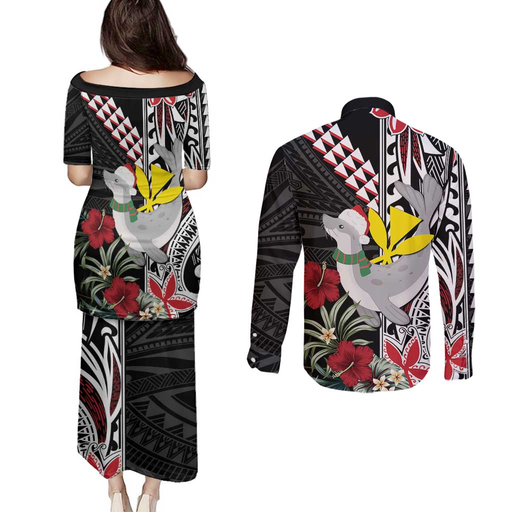 Hawaii Monk Seal Santa Couples Matching Puletasi and Long Sleeve Button Shirt Hibiscus Kakau Pattern Mele Kalikimaka LT9 - Polynesian Pride