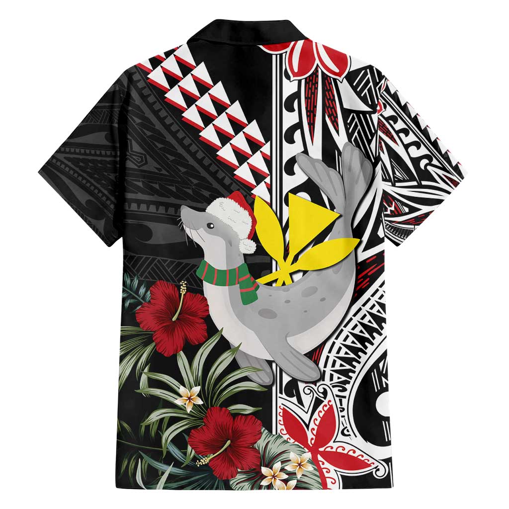 Hawaii Monk Seal Santa Family Matching Long Sleeve Bodycon Dress and Hawaiian Shirt Hibiscus Kakau Pattern Mele Kalikimaka