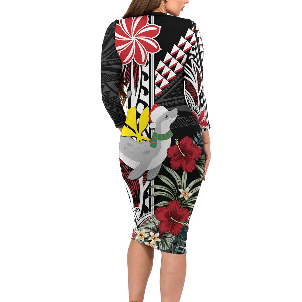 Hawaii Monk Seal Santa Family Matching Long Sleeve Bodycon Dress and Hawaiian Shirt Hibiscus Kakau Pattern Mele Kalikimaka