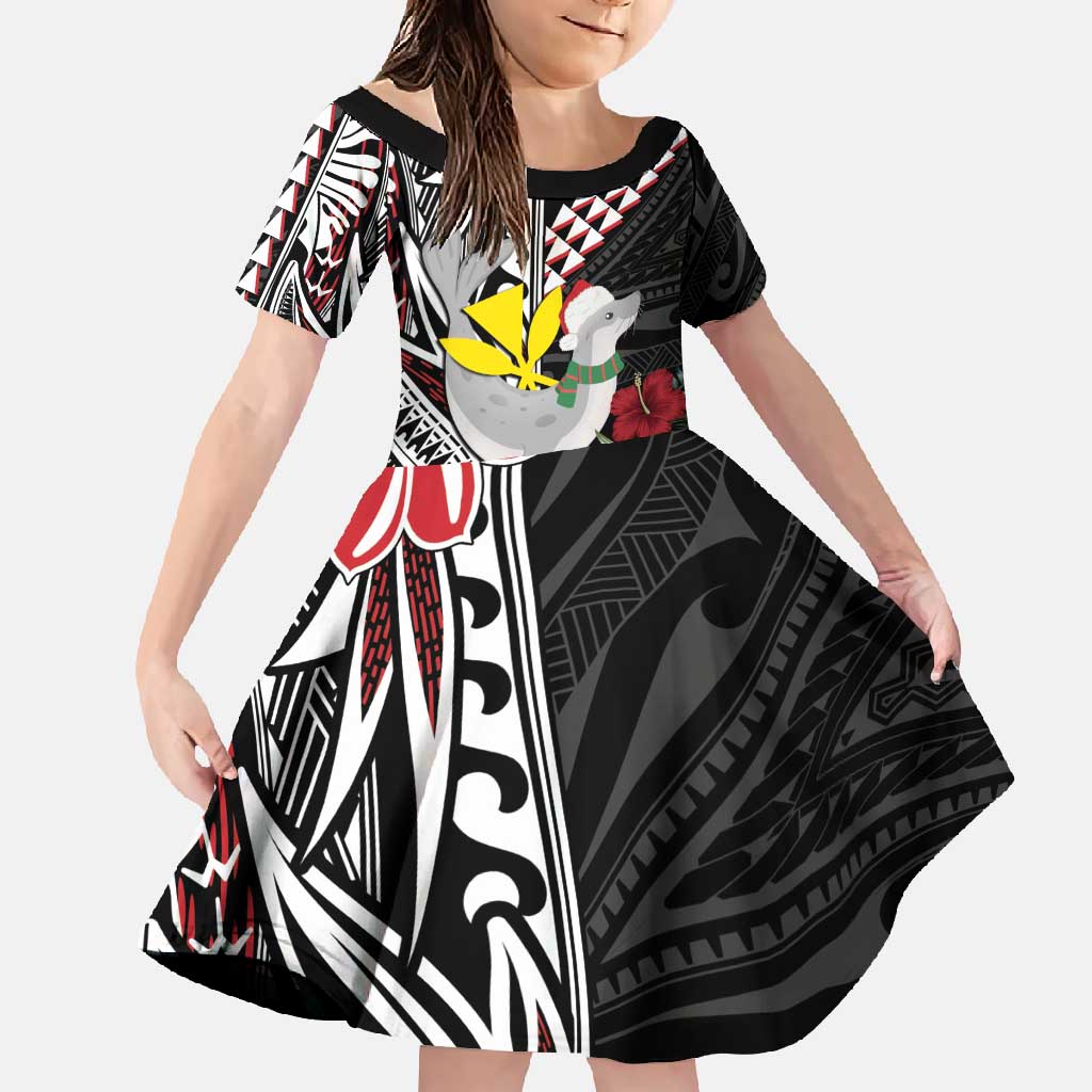 Hawaii Monk Seal Santa Family Matching Mermaid Dress and Hawaiian Shirt Hibiscus Kakau Pattern Mele Kalikimaka LT9 Daughter's Dress Black - Polynesian Pride