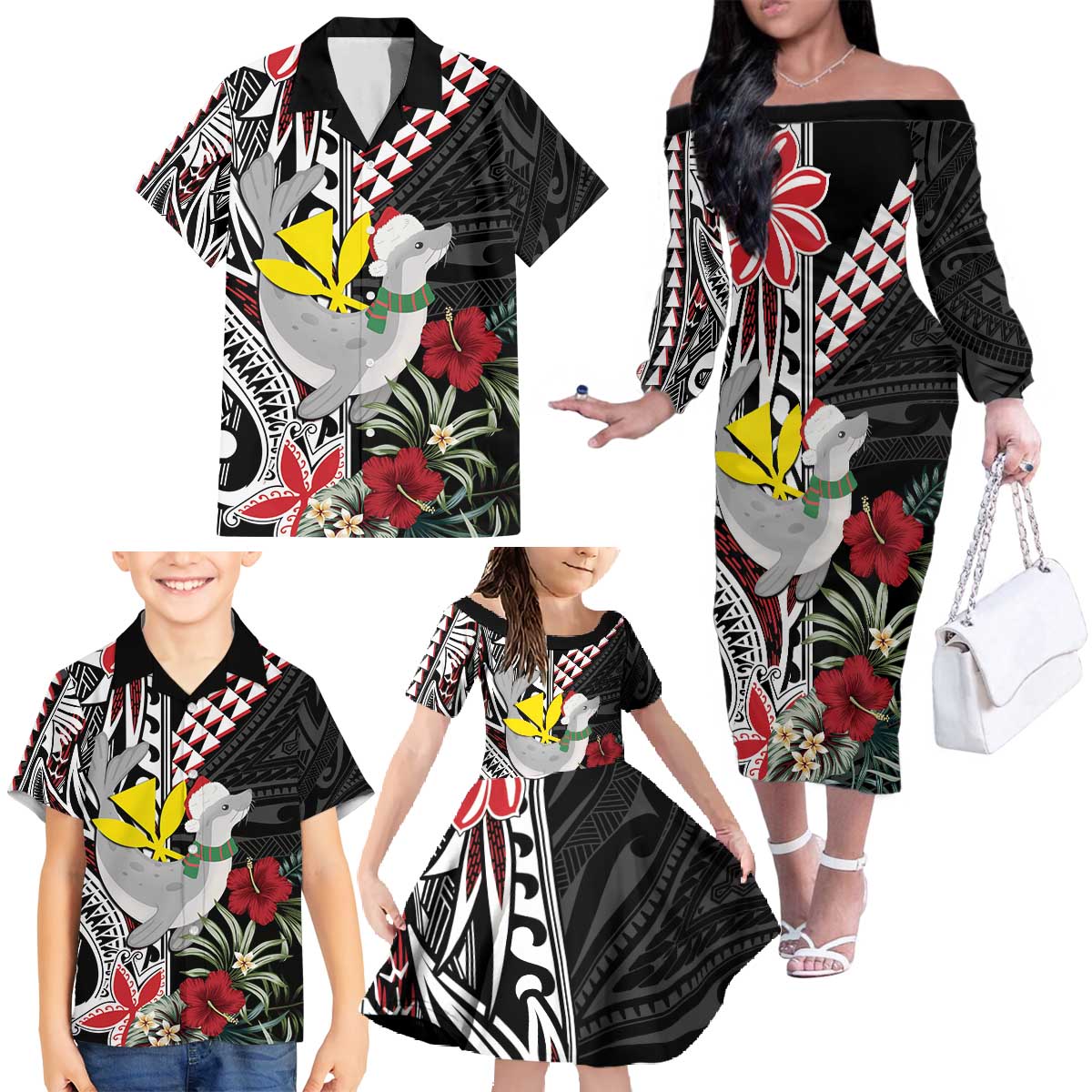 Hawaii Monk Seal Santa Family Matching Off The Shoulder Long Sleeve Dress and Hawaiian Shirt Hibiscus Kakau Pattern Mele Kalikimaka