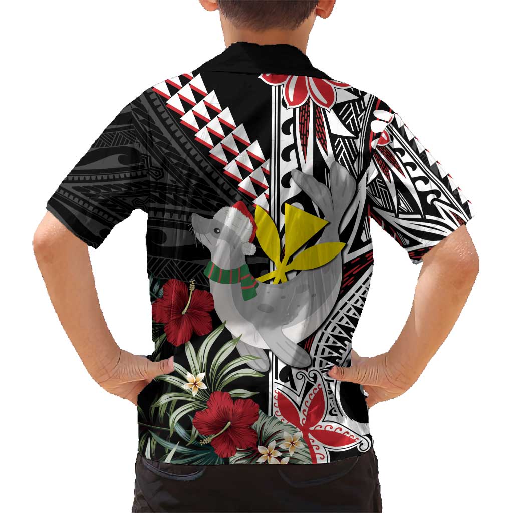 Hawaii Monk Seal Santa Family Matching Off Shoulder Maxi Dress and Hawaiian Shirt Hibiscus Kakau Pattern Mele Kalikimaka LT9 - Polynesian Pride