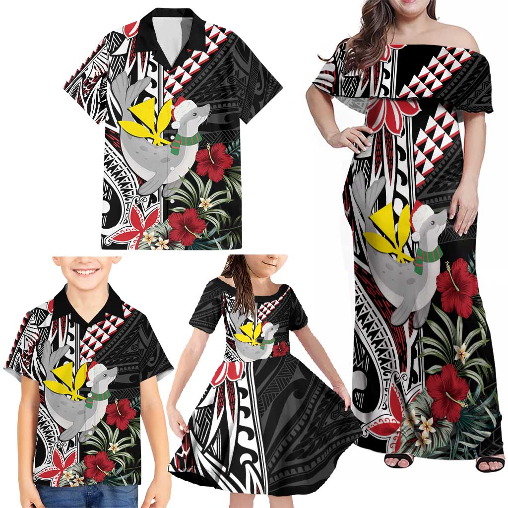 Hawaii Monk Seal Santa Family Matching Off Shoulder Maxi Dress and Hawaiian Shirt Hibiscus Kakau Pattern Mele Kalikimaka