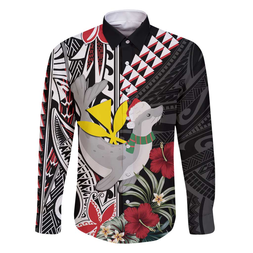 Hawaii Monk Seal Santa Family Matching Off Shoulder Maxi Dress and Hawaiian Shirt Hibiscus Kakau Pattern Mele Kalikimaka LT9 Dad's Shirt - Long Sleeve Black - Polynesian Pride