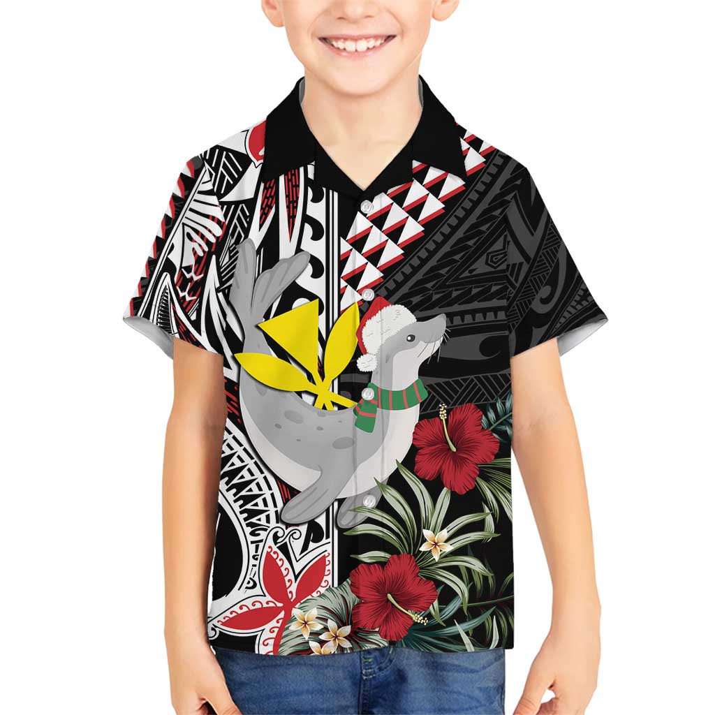 Hawaii Monk Seal Santa Family Matching Tank Maxi Dress and Hawaiian Shirt Hibiscus Kakau Pattern Mele Kalikimaka