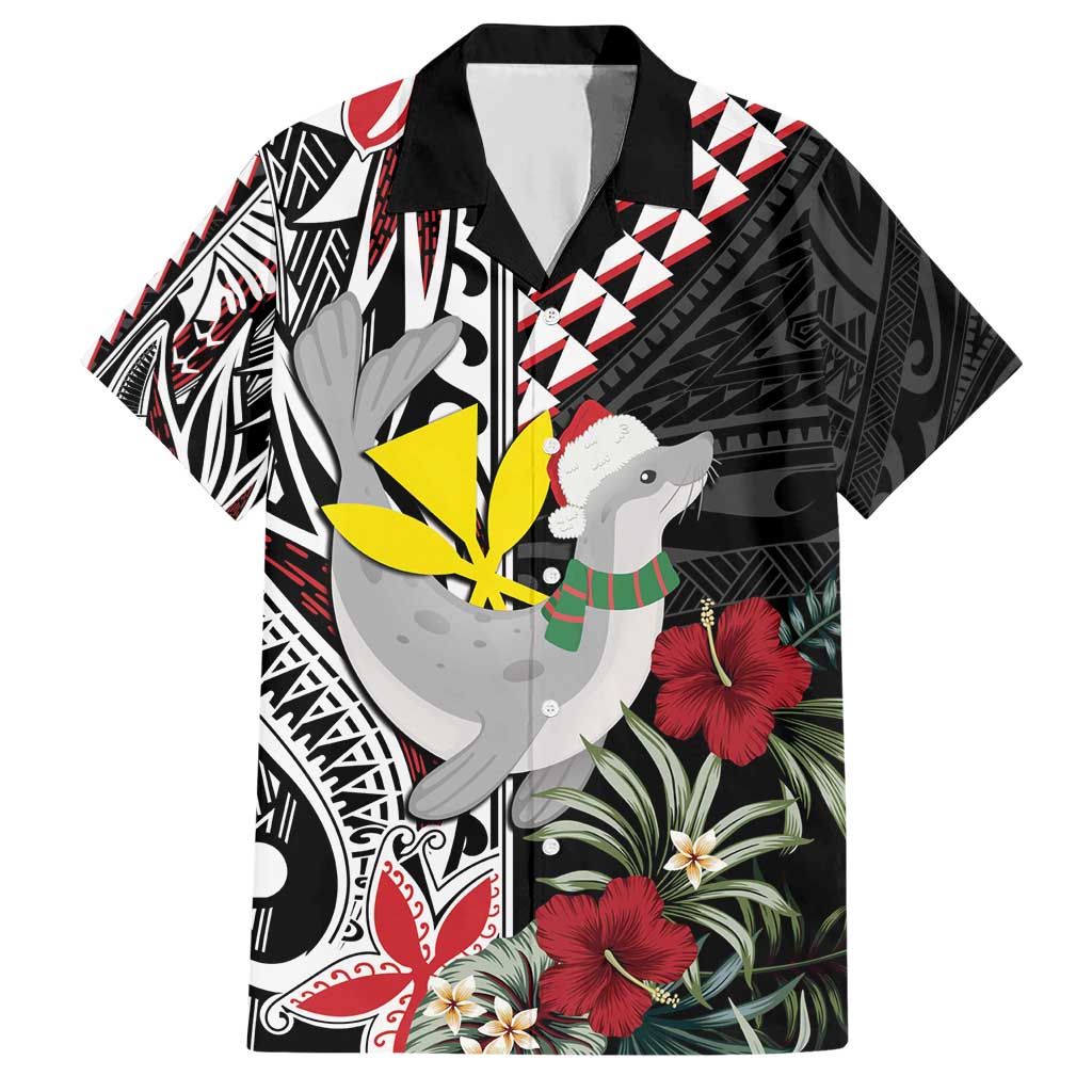 Hawaii Monk Seal Santa Hawaiian Shirt Hibiscus Kakau Pattern Mele Kalikimaka LT9 Black - Polynesian Pride
