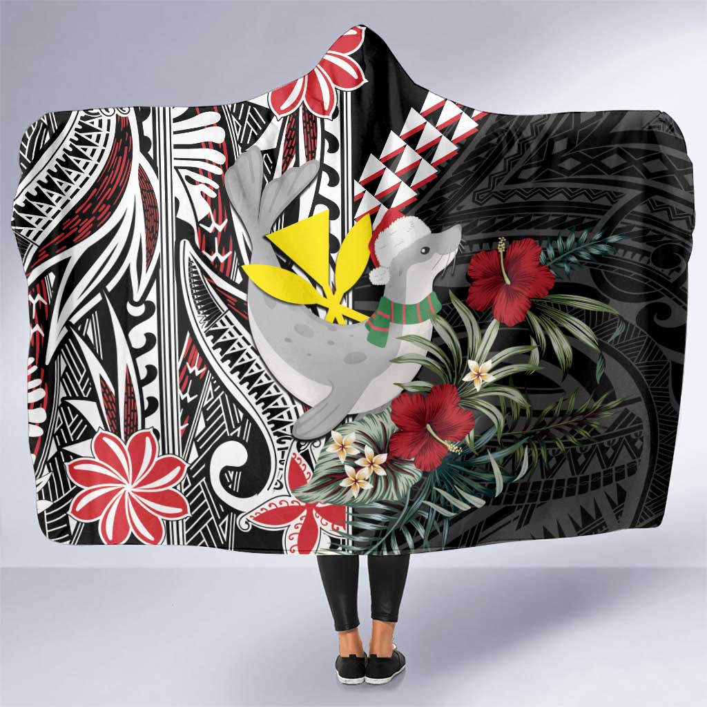 Hawaii Monk Seal Santa Hooded Blanket Hibiscus Kakau Pattern Mele Kalikimaka LT9 One Size Black - Polynesian Pride