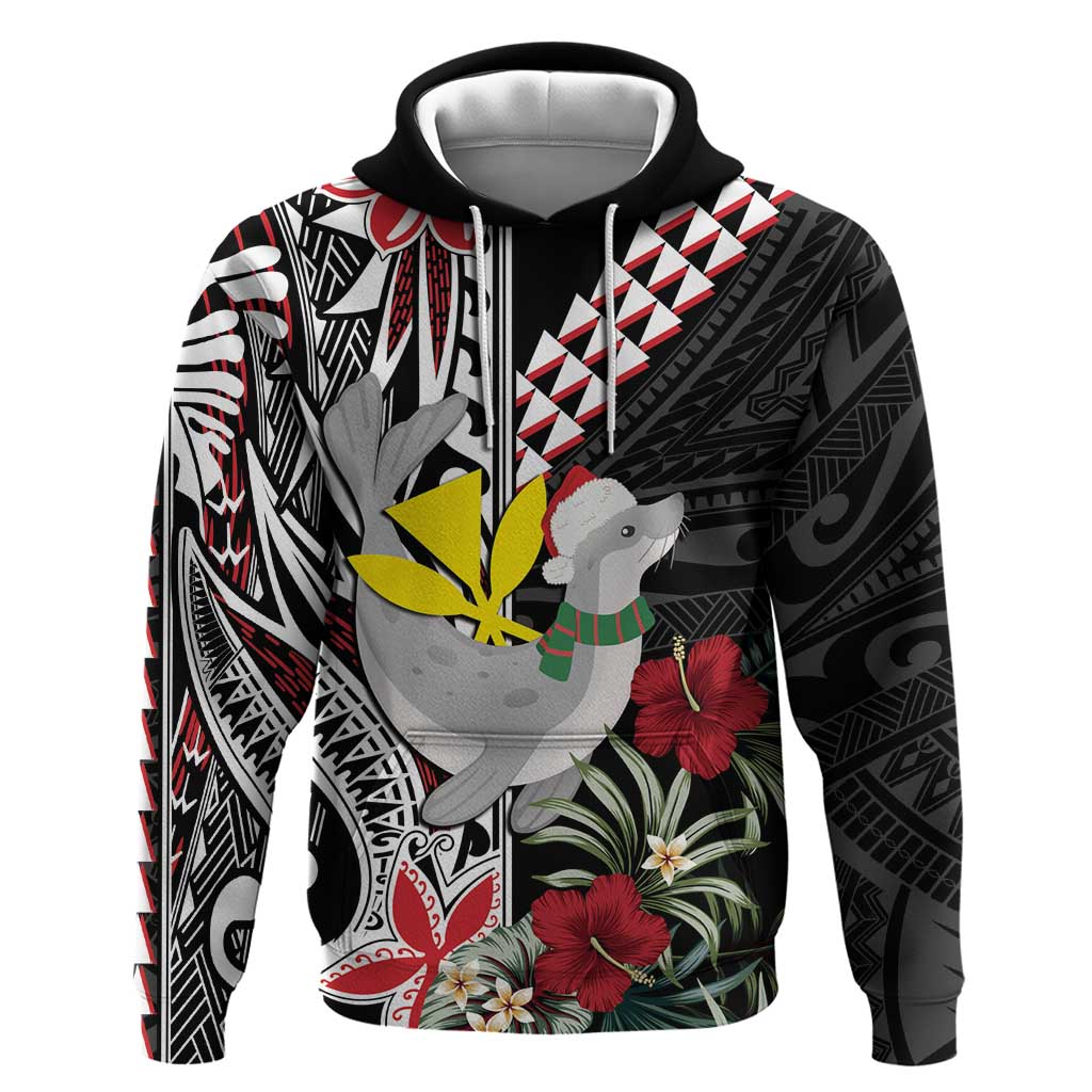 Hawaii Monk Seal Santa Hoodie Hibiscus Kakau Pattern Mele Kalikimaka