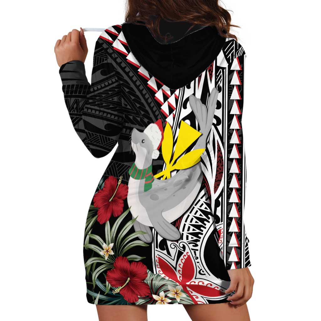 Hawaii Monk Seal Santa Hoodie Dress Hibiscus Kakau Pattern Mele Kalikimaka LT9 - Polynesian Pride