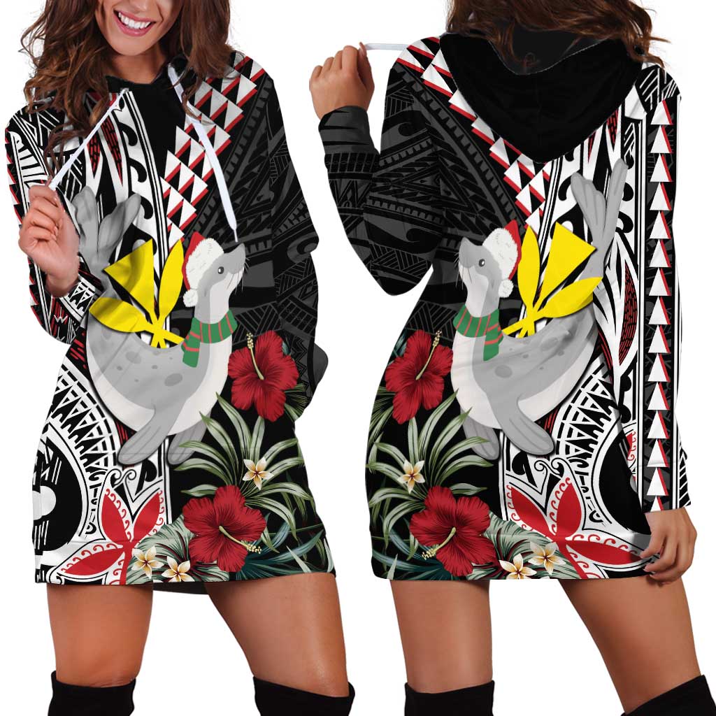 Hawaii Monk Seal Santa Hoodie Dress Hibiscus Kakau Pattern Mele Kalikimaka LT9 - Polynesian Pride