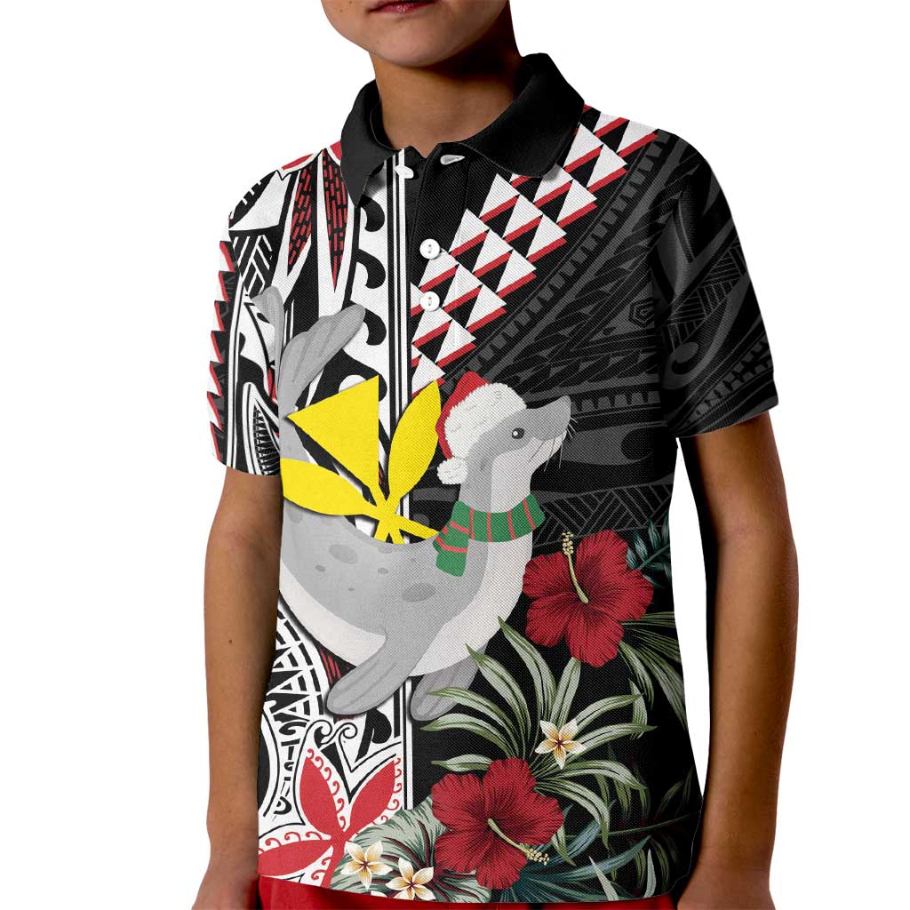 Hawaii Monk Seal Santa Kid Polo Shirt Hibiscus Kakau Pattern Mele Kalikimaka