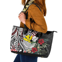 Hawaii Monk Seal Santa Leather Tote Bag Hibiscus Kakau Pattern Mele Kalikimaka LT9 Black - Polynesian Pride