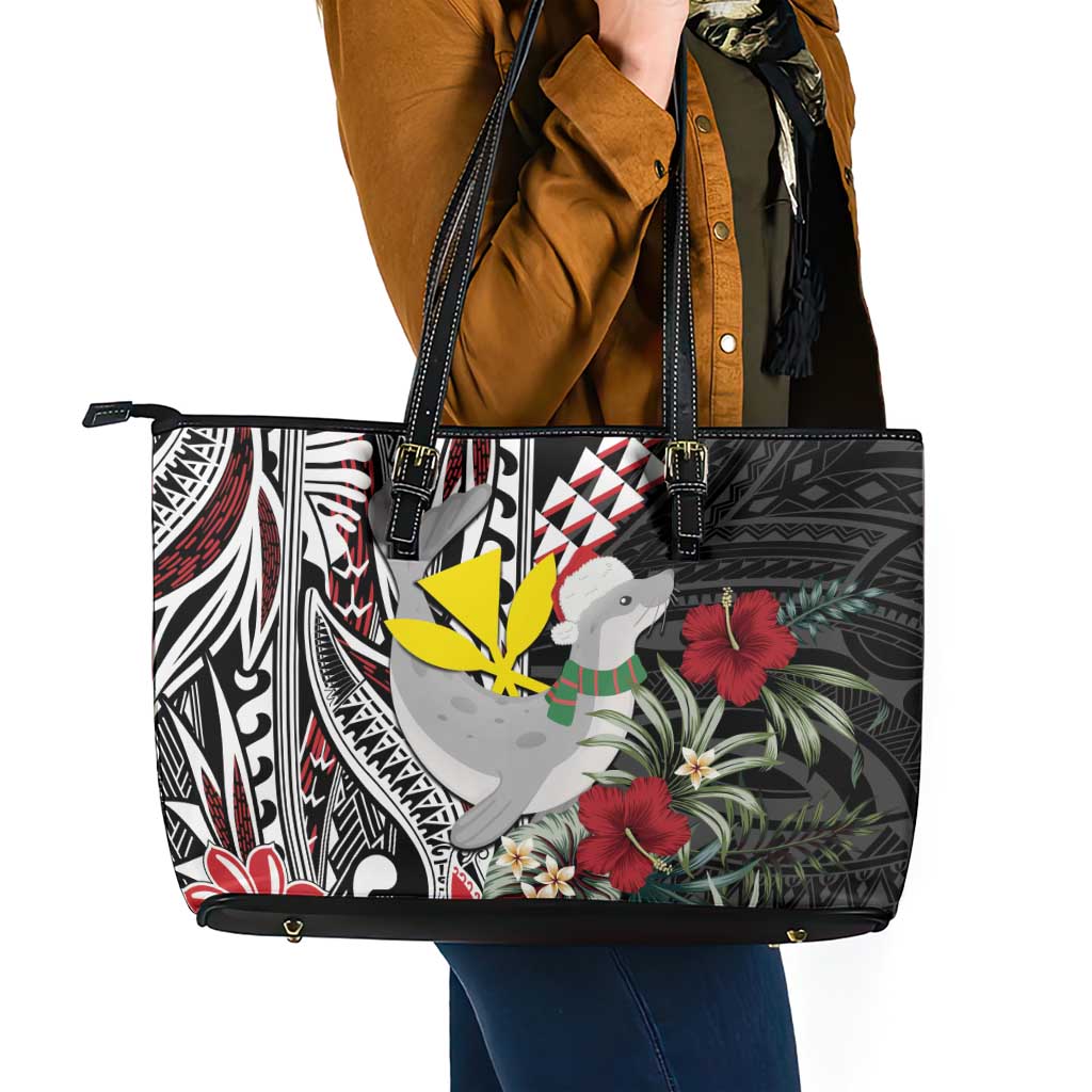 Hawaii Monk Seal Santa Leather Tote Bag Hibiscus Kakau Pattern Mele Kalikimaka LT9 - Polynesian Pride