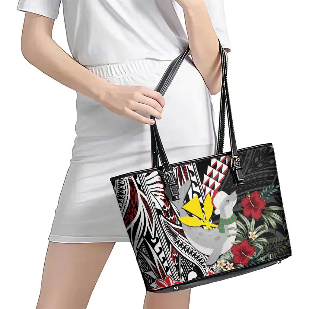 Hawaii Monk Seal Santa Leather Tote Bag Hibiscus Kakau Pattern Mele Kalikimaka LT9 - Polynesian Pride