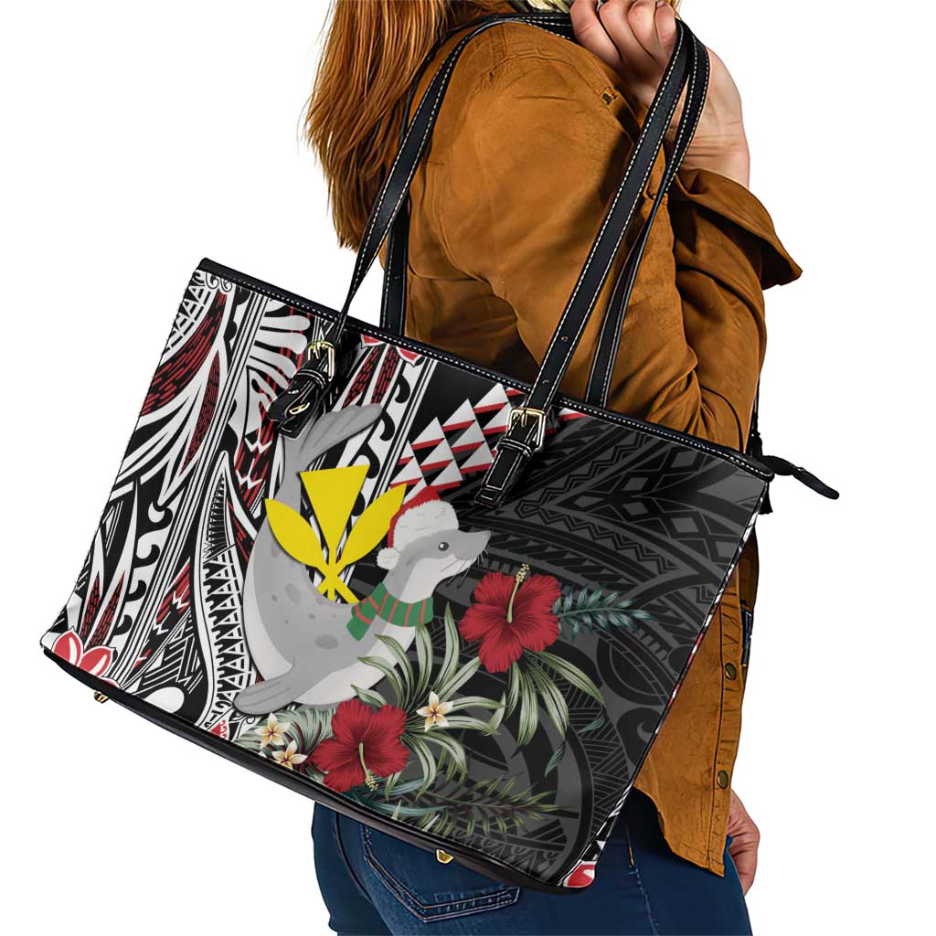 Hawaii Monk Seal Santa Leather Tote Bag Hibiscus Kakau Pattern Mele Kalikimaka LT9 - Polynesian Pride