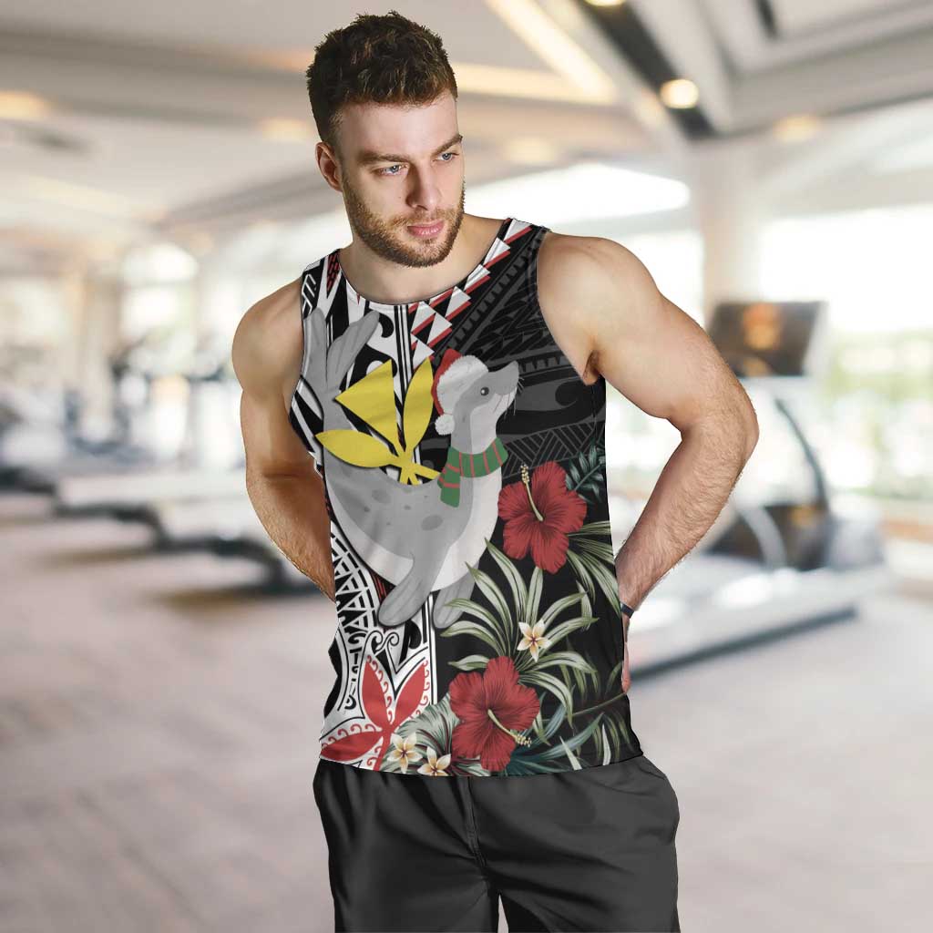 Hawaii Monk Seal Santa Men Tank Top Hibiscus Kakau Pattern Mele Kalikimaka LT9 Black - Polynesian Pride