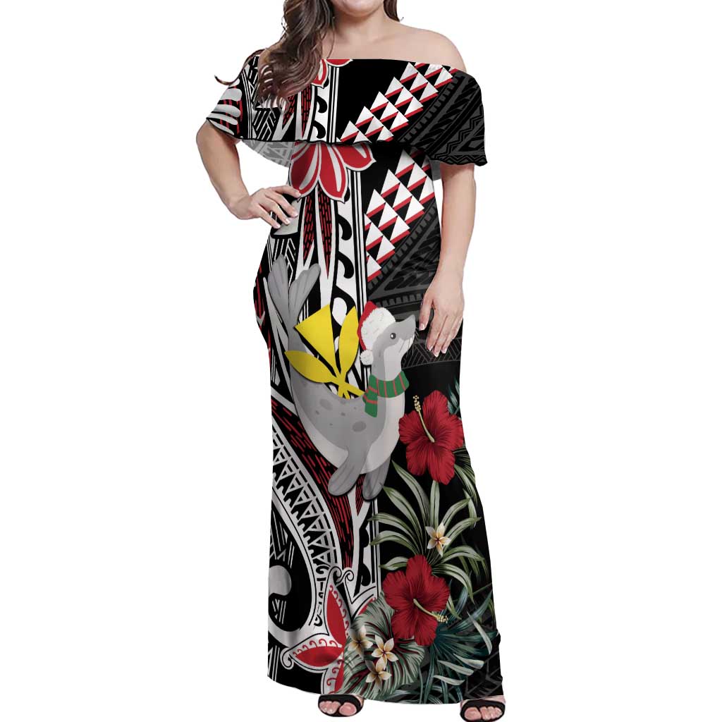 Hawaii Monk Seal Santa Off Shoulder Maxi Dress Hibiscus Kakau Pattern Mele Kalikimaka LT9 Women Black - Polynesian Pride