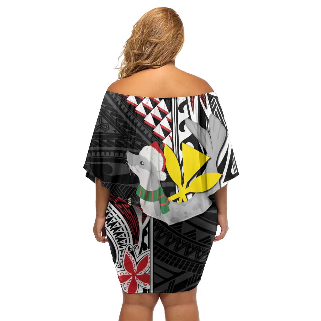 Hawaii Monk Seal Santa Off Shoulder Short Dress Hibiscus Kakau Pattern Mele Kalikimaka LT9 - Polynesian Pride