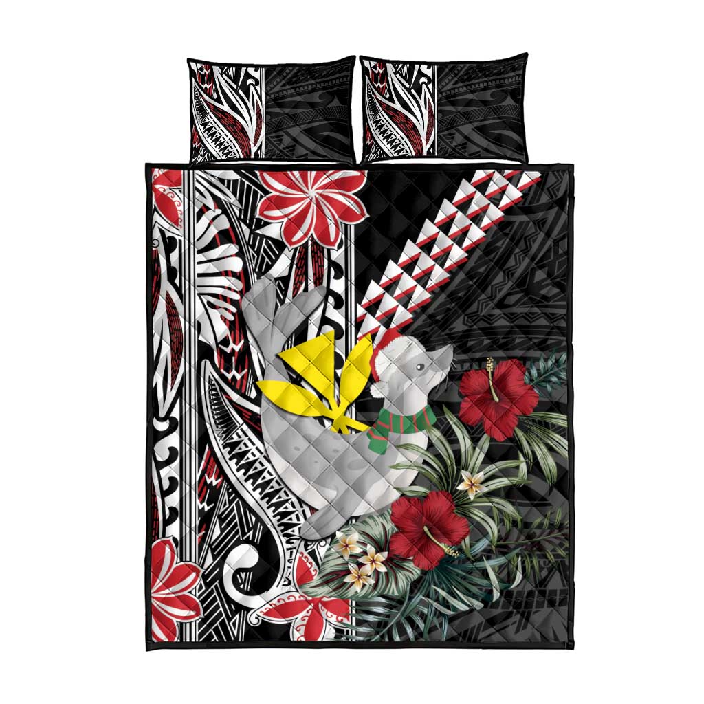Hawaii Monk Seal Santa Quilt Bed Set Hibiscus Kakau Pattern Mele Kalikimaka