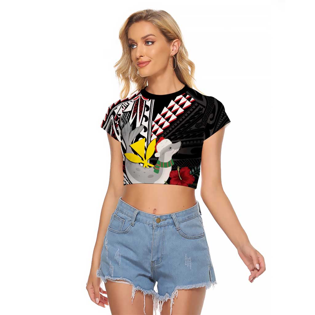 Hawaii Monk Seal Santa Raglan Cropped T Shirt Hibiscus Kakau Pattern Mele Kalikimaka LT9 Female Black - Polynesian Pride