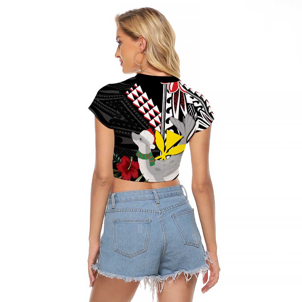 Hawaii Monk Seal Santa Raglan Cropped T Shirt Hibiscus Kakau Pattern Mele Kalikimaka LT9 - Polynesian Pride